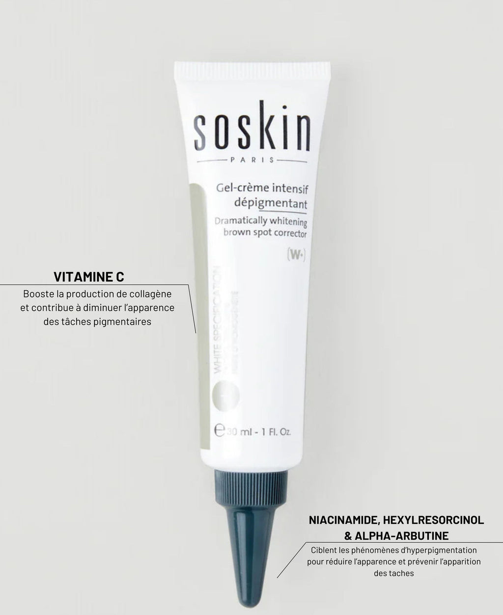 Soskin Paris skincare gel-cream tube on a gray background